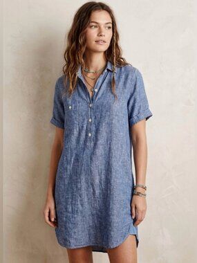 Free People × CP Shades Linen Short Sleeve Mini Dress Chambray Blue Small